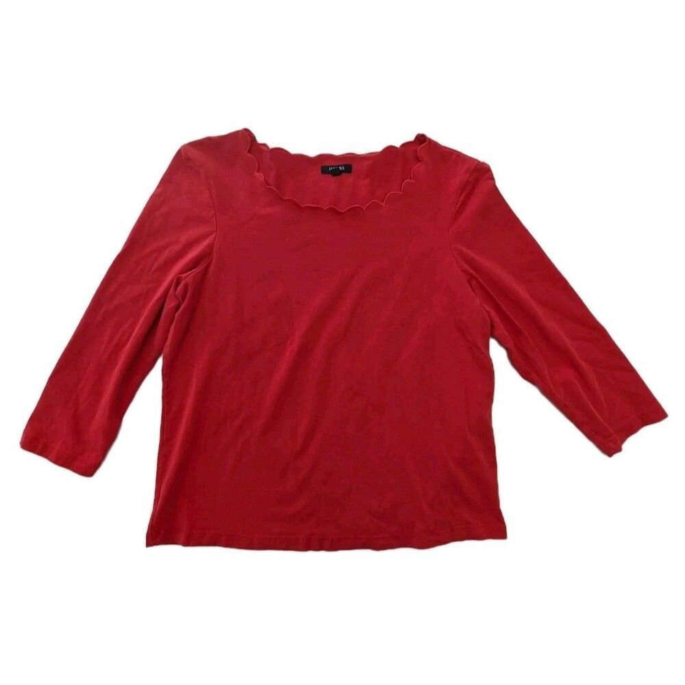 Hobbs London Casual Scallop Hem Solid Red T-Shirt 3/4 Sleeve Large